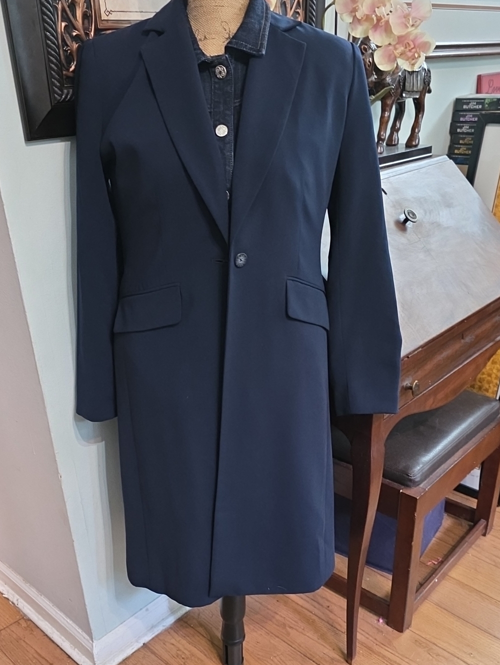 Women's Navy Tailored Blazer Coat - Single Button Long Jacket